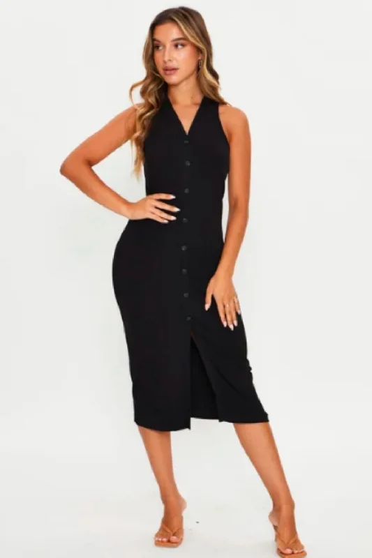 Trendy Boho Midi Dresses-V Neck Button Down Midi Bodycon