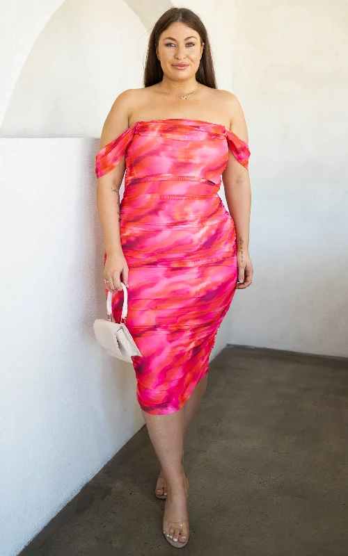 Sexy Formal Midi Dresses-Pandora Mesh Midi Dress - Pink Orange Print