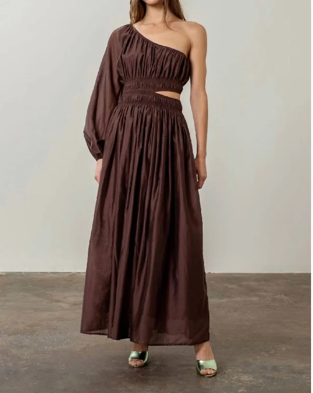 Vintage Green Midi Dresses-Cut Out Shirred Midi Dress In Chocolate