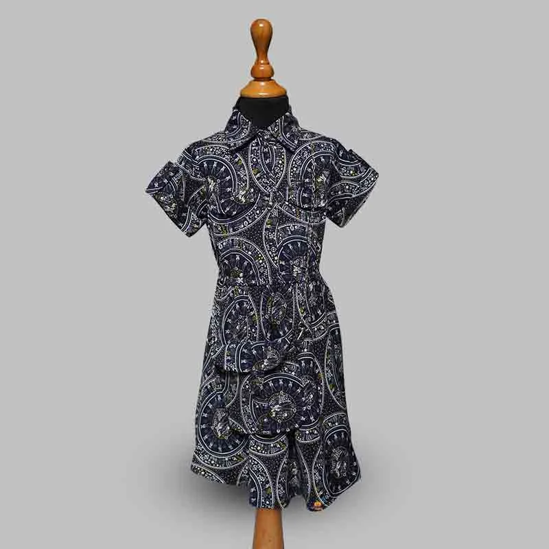 Cheap Casual Midi Dresses-Black-Navy Blue Printed Girls Midi