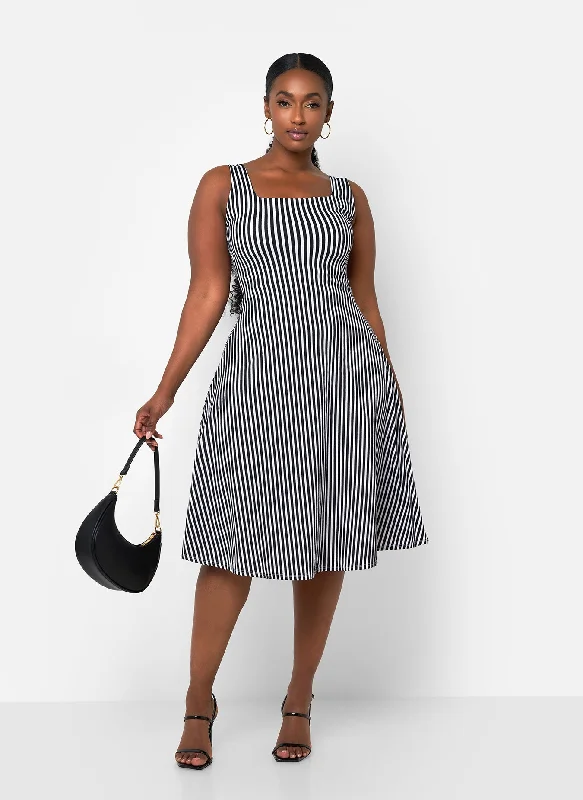 Red Summer Midi Dresses-Bailey Stripe Midi A Line Dress - Black & White