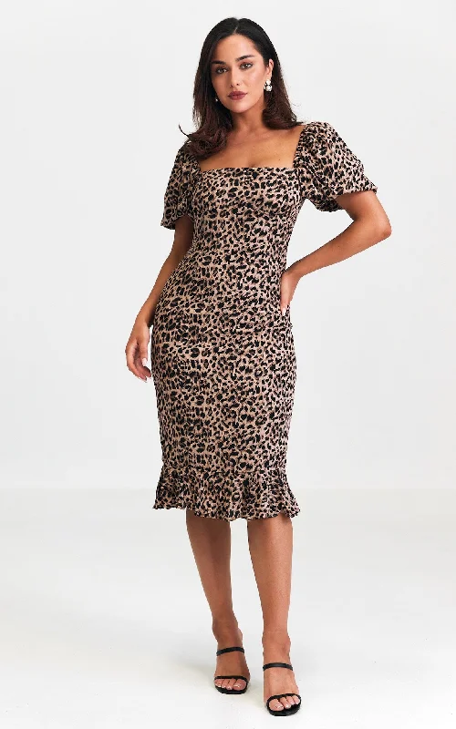 Leather Sexy Midi Dresses-Jazel Midi Dress - Brown Leopard