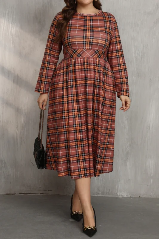 Plaid Vintage Midi Dresses-Plaid Round Neck Long Sleeve Midi Dress