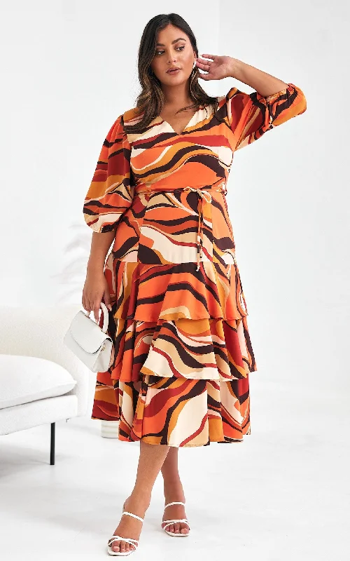 Satin Casual Midi Dresses-Alicie Midi Dress - Orange Brown Multi Print