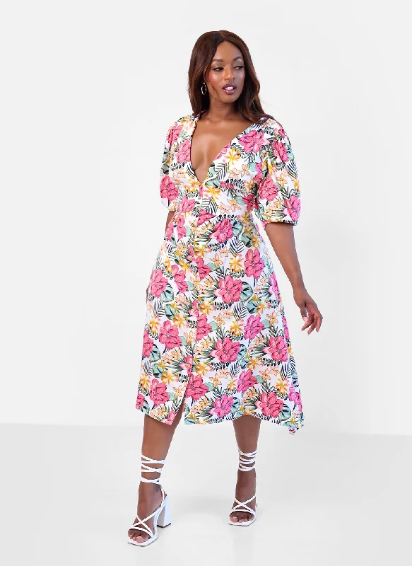 Tie Dye Boho Midi Dresses-Elena Tropical Print A-Line Midi Dress