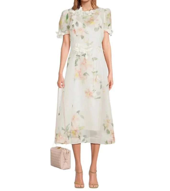 Leather Party Midi Dresses-Natura Liftoff Flower Midi Dress In Ivory Camelia