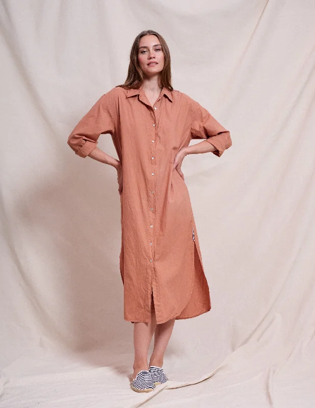 One Shoulder Vintage Midi Dresses-Sundry Midi Easy Shirt Dress in Vintage Rust