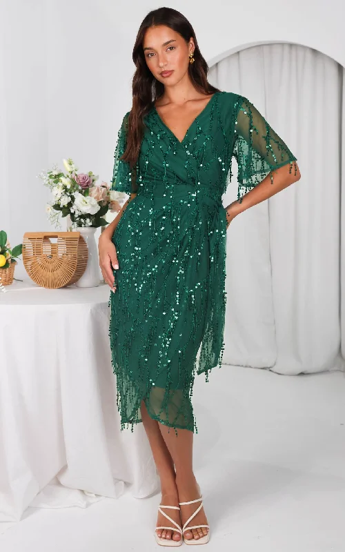 Women Casual Midi Dresses-Fireworks Sequin Midi Dress - Emerald