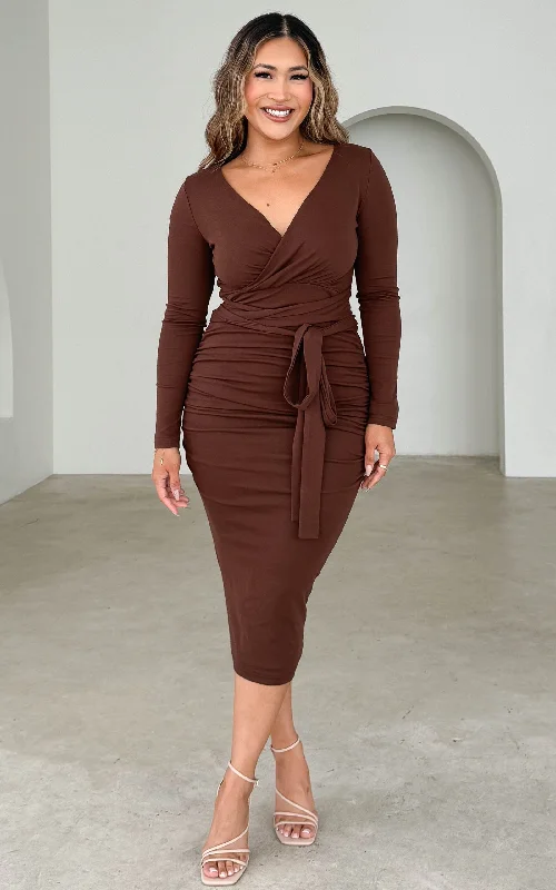 Black Beach Midi Dresses-Aston Long Sleeve Midi Dress - Chocolate Brown