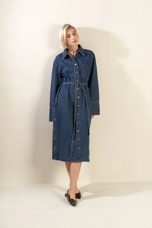 Embroidered Formal Midi Dresses-SEE THE END DENIM MIDI DRESS