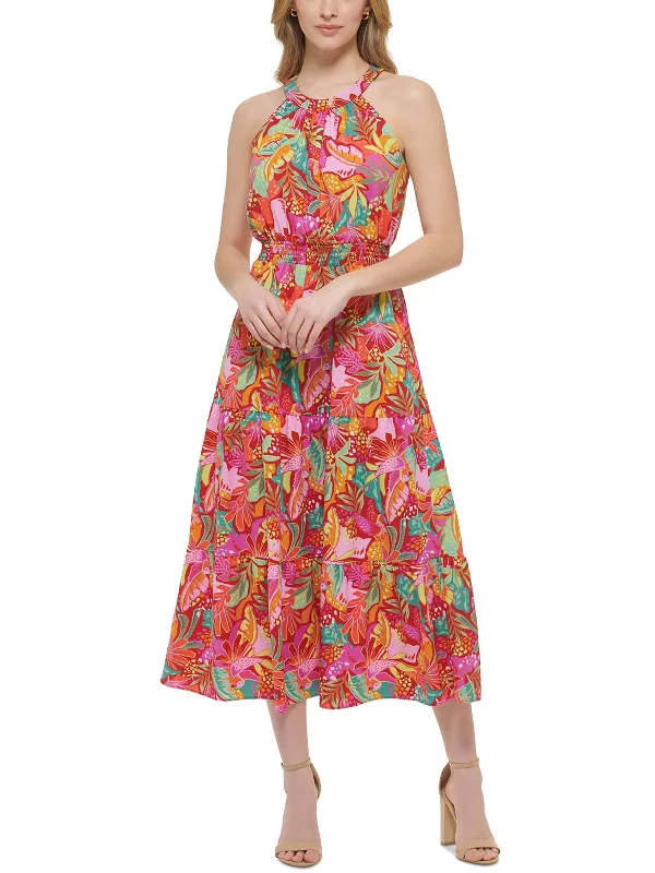 Sleeveless Vintage Midi Dresses-Womens Floral Halter Midi Dress