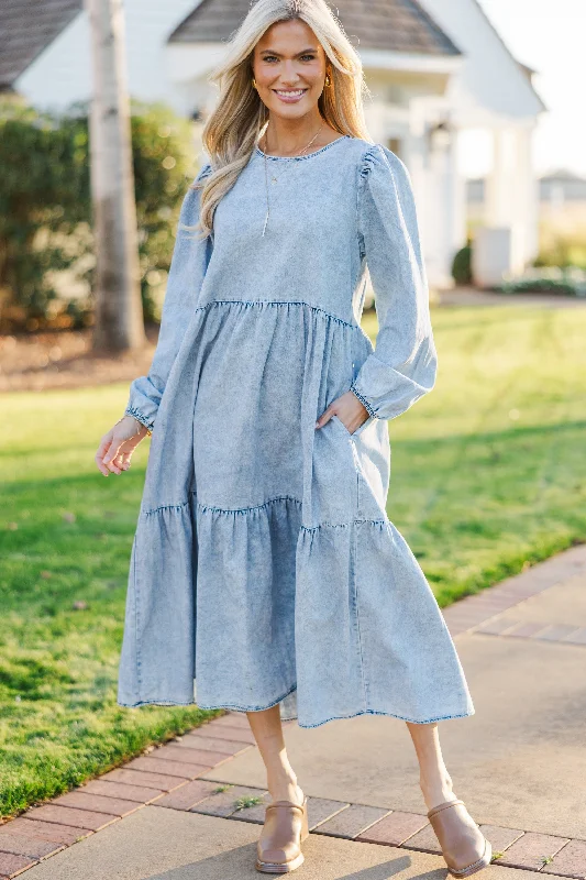 Wedding Midi Dresses-Take Your Chance Denim Blue Midi Dress