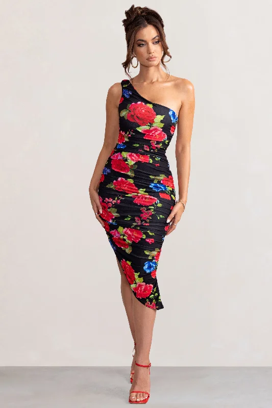 Backless Orange Midi Dresses-Late Night | Black Floral Print Asymmetric One Shoulder Ruched Midi Dress