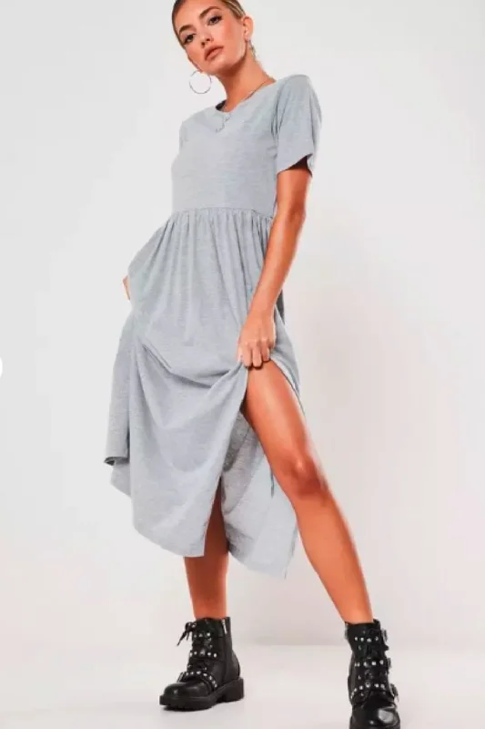 Mesh Boho Midi Dresses-Grey Midi Smock Dress