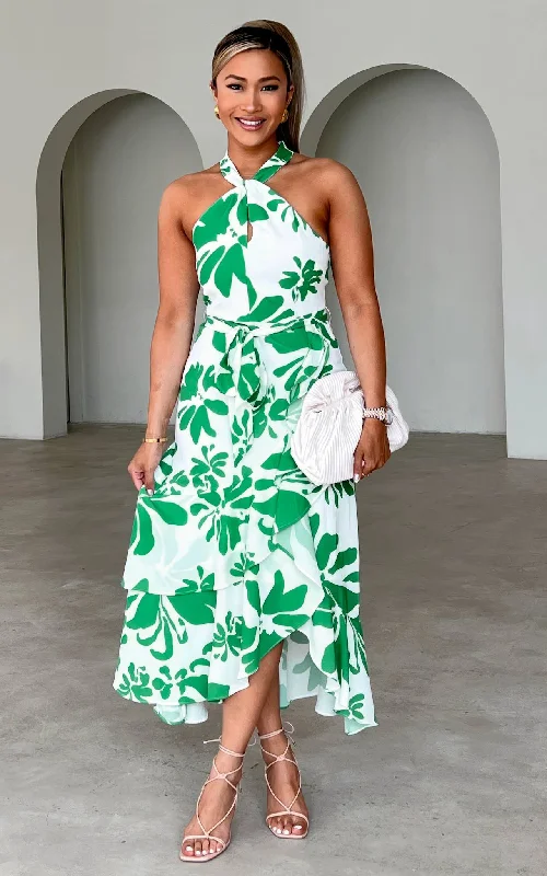 Summer Lace Midi Dresses-Lucetta Midi Dress - White Green Print