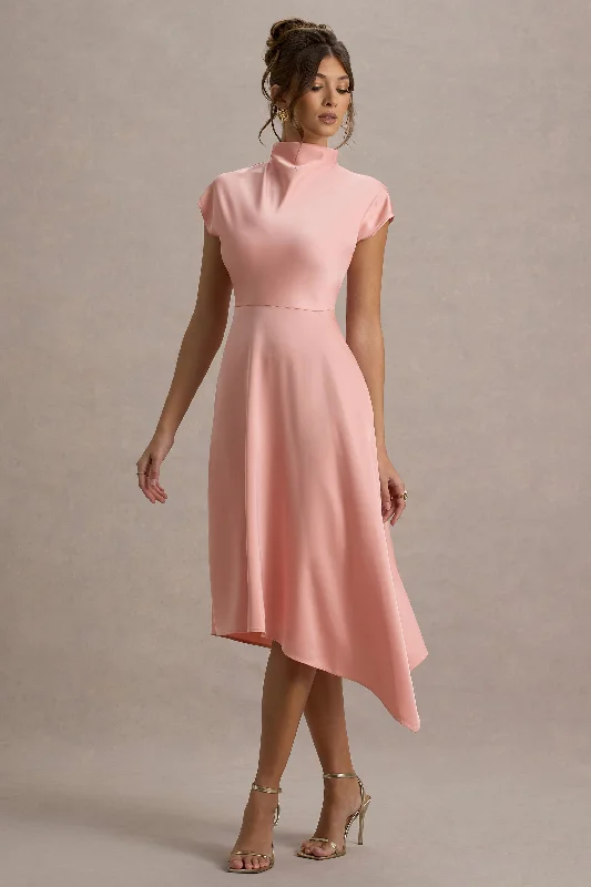 Knit Cozy Midi Dresses-Velma | Light Pink Satin Midi Dress With Draped Hem