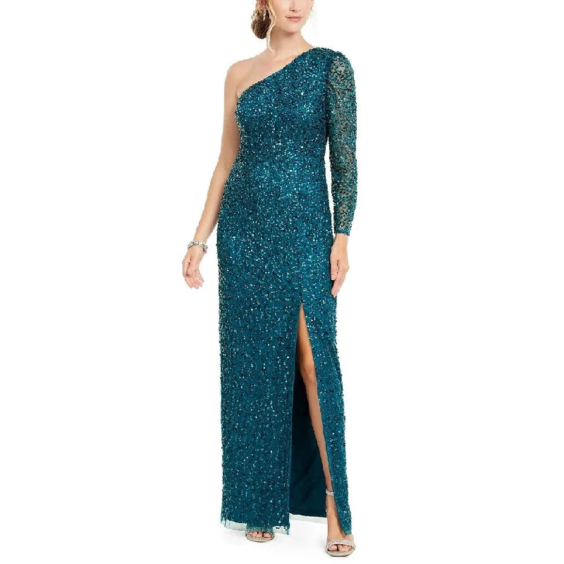 Wedding One Shoulder Evening Dress-Adrianna Papell Women's Beaded Column Gown Blue Size 12