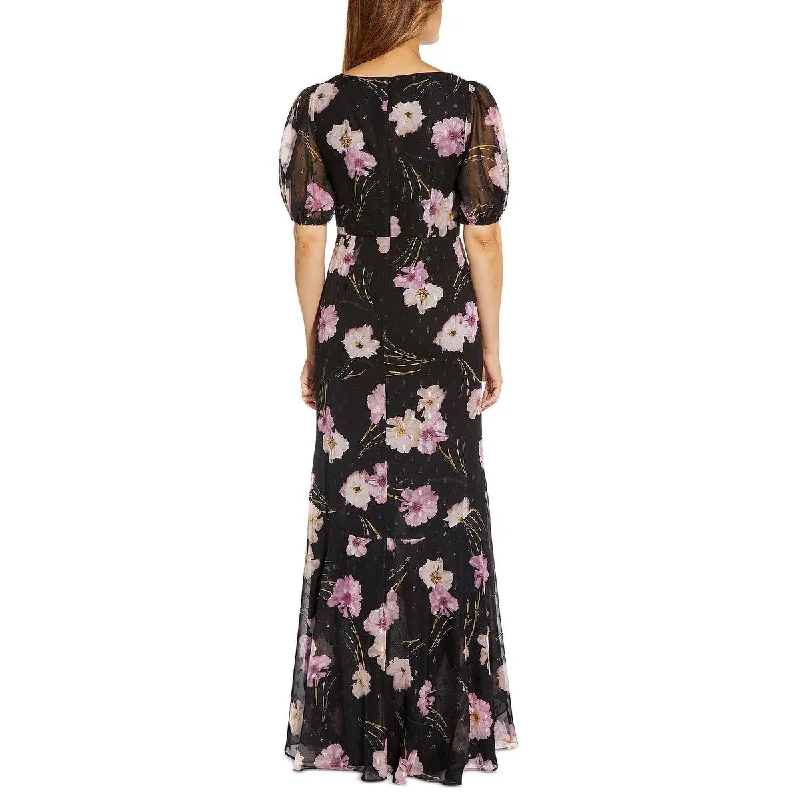 Beige Formal Evening Dress-Adrianna Papell Women's Floral Print Chiffon Ruffle Gown Black Size 4