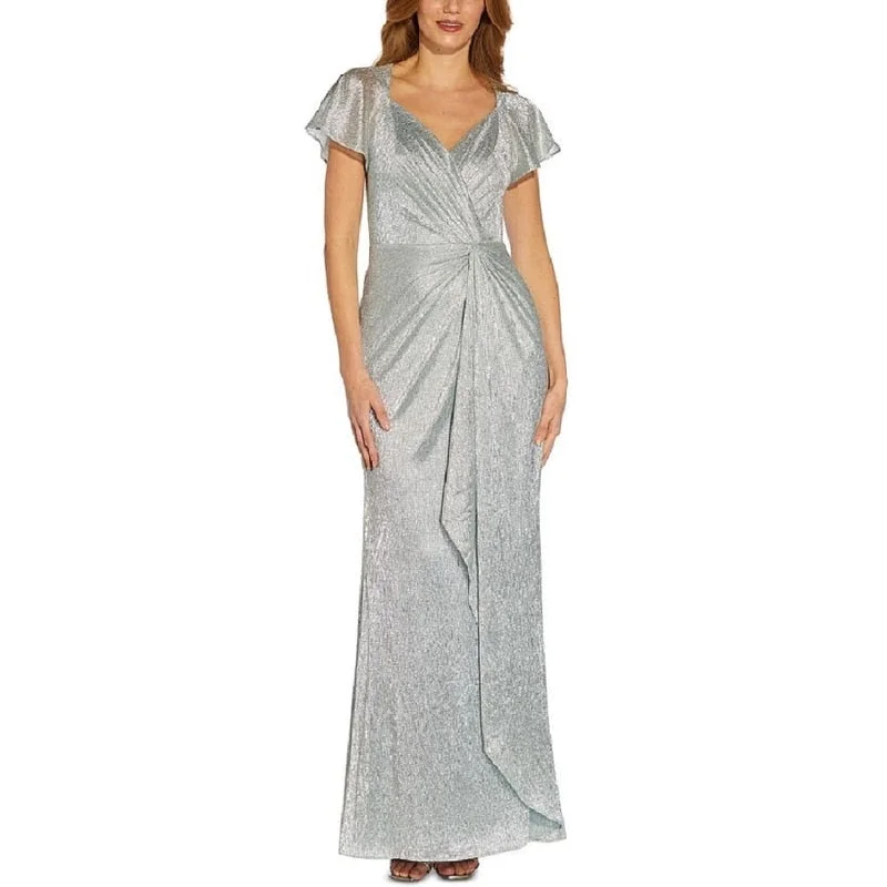 Silver Elegant Evening Dress-Adrianna Papell Women's Metallic Twist Front Gown Gray Size 2