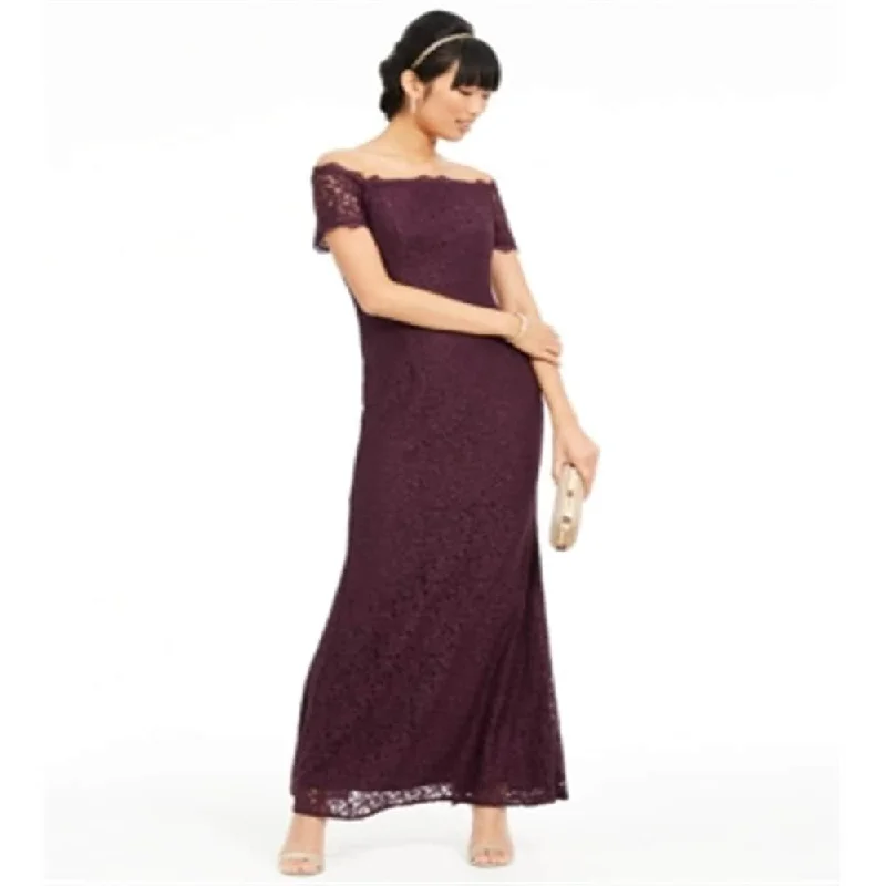 Formal V Neck Evening Dress-Adrianna Papell Women's Off the Shoulder Lace Gown Purple