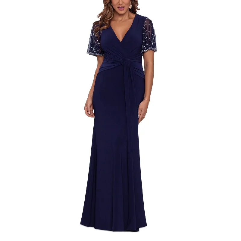 Silk Prom Evening Dress-Betsy & Adam Women's Beaded Sleeve Gown Blue Size 6