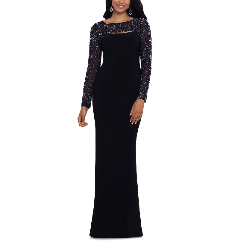 Satin High Neck Evening Dress-Betsy & Adam Women's Embellished Cutout Gown Black Size 6Petite - 6P