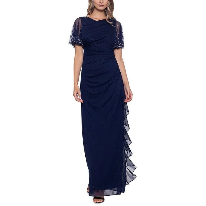 Long Green Evening Dress-Betsy & Adam Women's Embellished Zippered Ruched Flutter Sleeve Boat Neck Full-Length Formal Gown Dress Blue Size 4