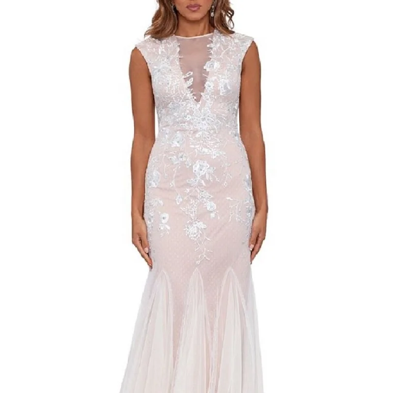 Trendy High Neck Evening Dress-Betsy & Adam Women's Embroidered Mesh Gown White Size 10