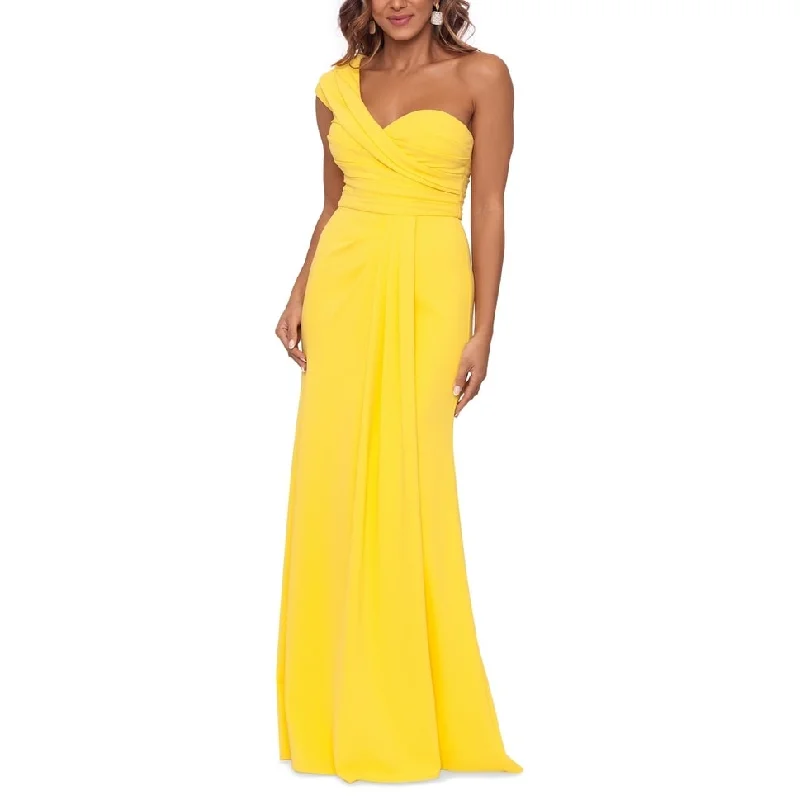 Maxi Burgundy Evening Dress-Betsy & Adam Women's Gathered Bust One Shoulder Gown Yellow Size 2