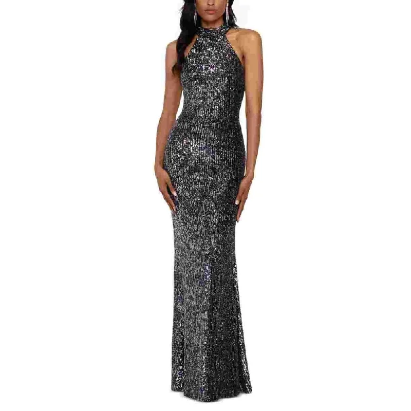 Wedding One Shoulder Evening Dress-Betsy & Adam Women's Sequined Halter Gown Charcoal Size 2