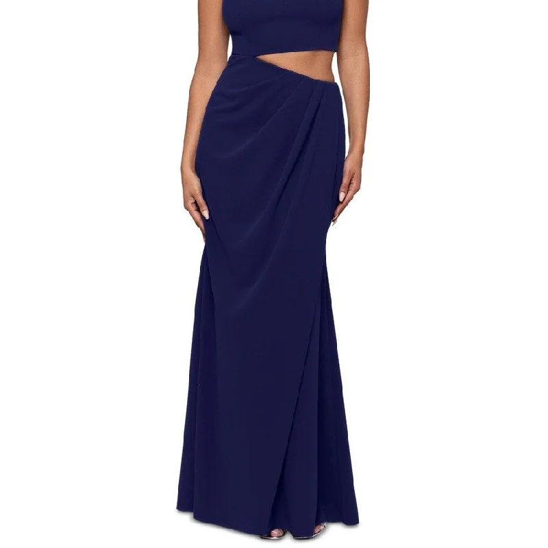 High Neck Long Evening Dress-Betsy & Adam Women's Waist Cutout Pleated Hip Gown Blue Size 2