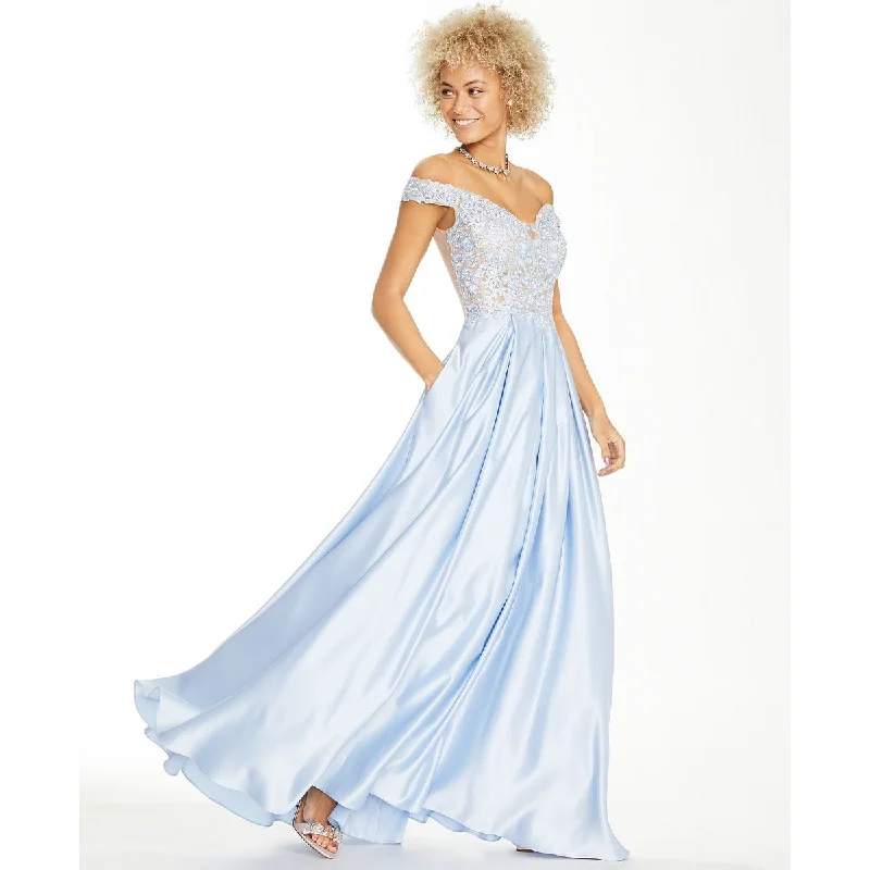 Ruffle Grey Evening Dress-Blondie Nites Junior's Off The Shoulder Embroidered Satin Gown Blue Size 0