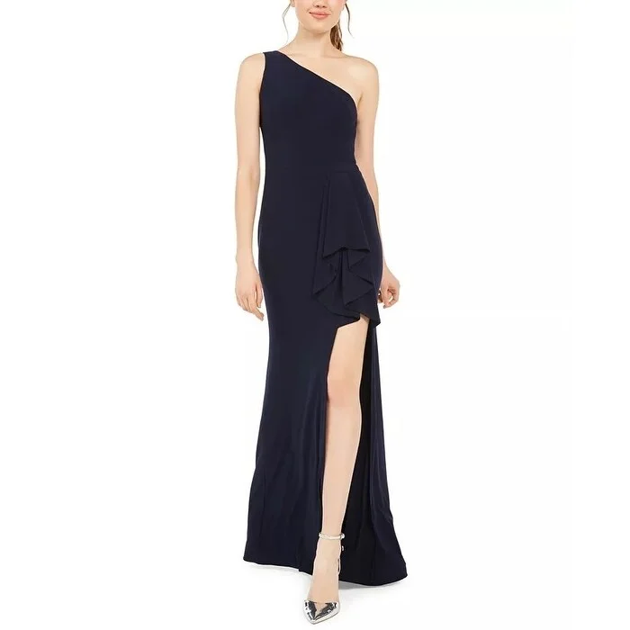 Plus Size Short Evening Dress-Blondie Nites Juniors' One-Shoulder Slit Gown Navy Size 5