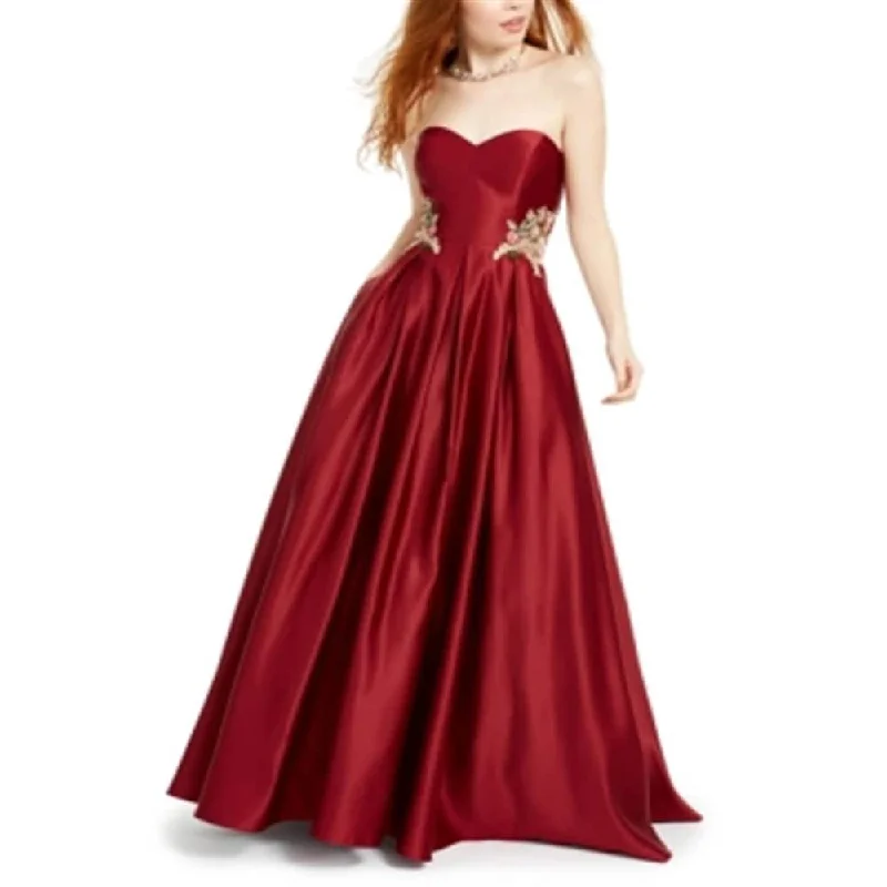 Silk Evening Dress-Blondie Nites Junior's Strapless Floral Applique Gown Red Size 0