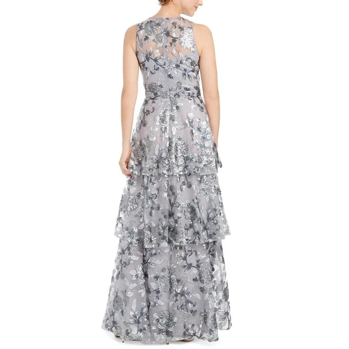 Silk Embroidered Evening Dress-Calvin Klein Women's Embellished Tiered Gown Gray Size 2