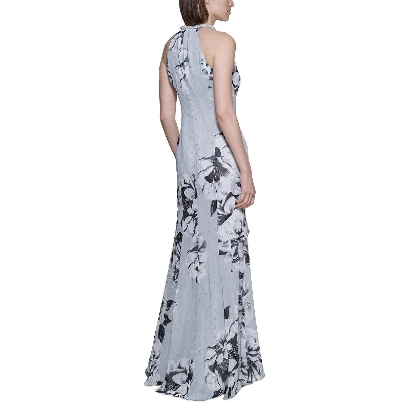 V Neck Silk Evening Dress-Calvin Klein Women's Metallic Embroidered Gown Gray Size 6