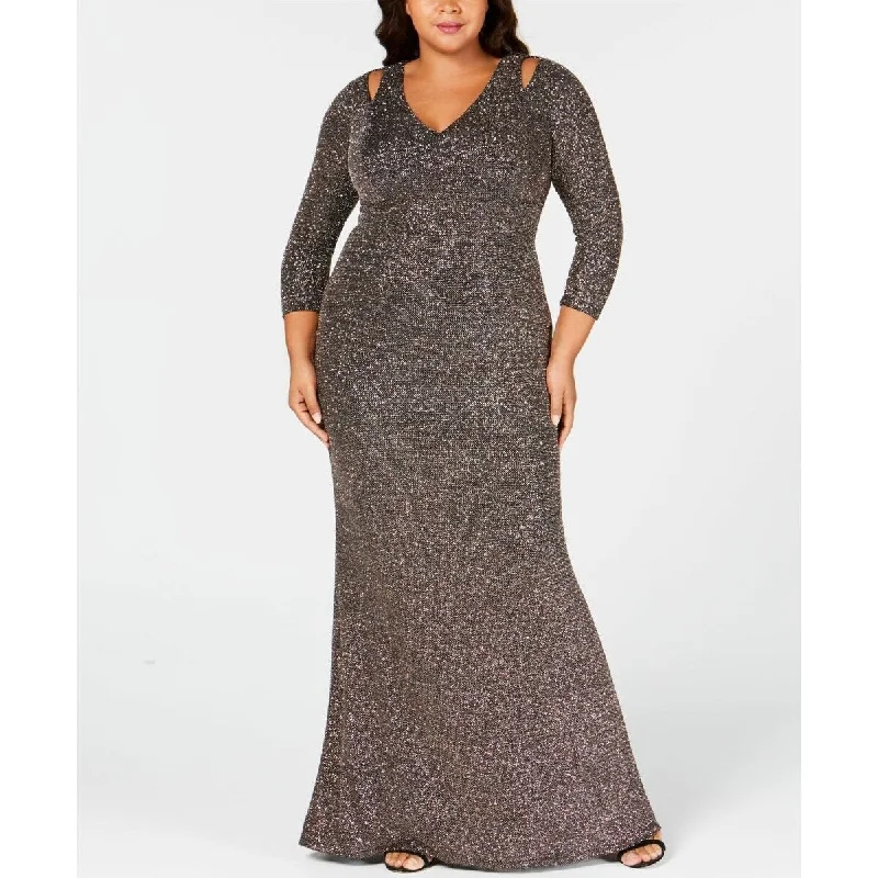 Long Sleeve Lace Evening Dress-Calvin Klein Women's Plus Size Cutout Glitter Gown Black Size 22