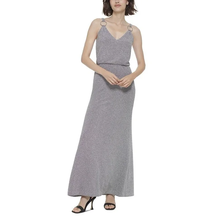 Tie Dye Off Shoulder Evening Dress-Calvin Klein Women's Ring Embellished Metallic Gown Gray Size 10