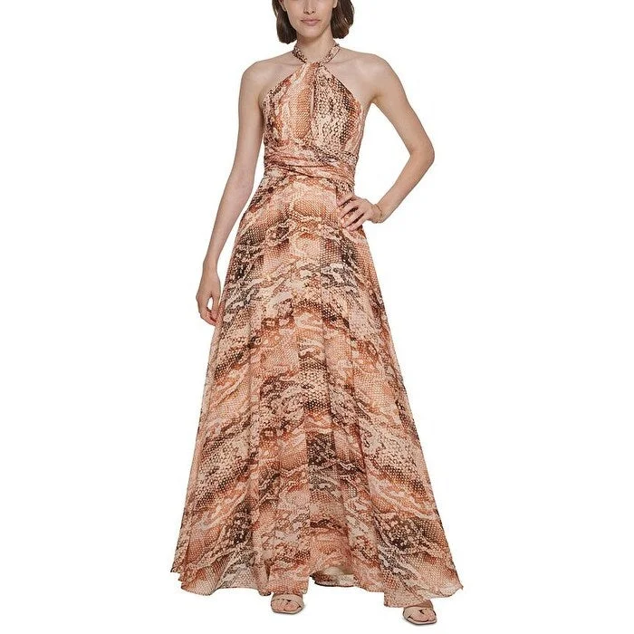 Prom Backless Evening Dress-Calvin Klein Women's Snake Print Halter Gown Brown Size 16