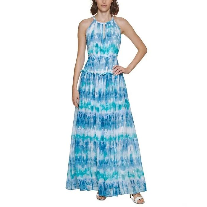 Beaded Cocktail Evening Dress-Calvin Klein Women's Tie Dye Printed Gown Blue Size 4