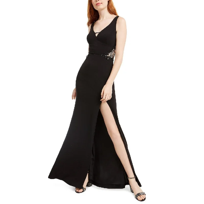 Elegant Halter Evening Dress-City Studios Juniors' Embellished-Applique Slit Gown Black Size 15