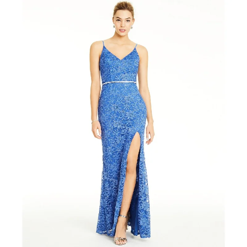 Geometric Cheap Evening Dress-City Studios Juniors' Glitter-Lace Slit Gown Blue Silver Size 1