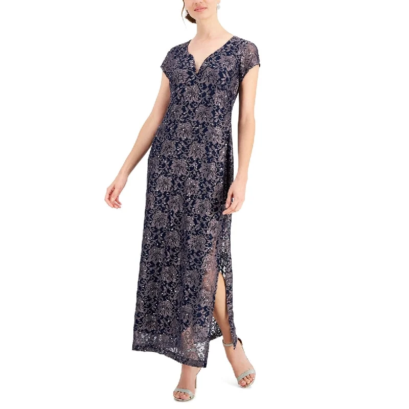 Formal Designer Evening Dress-Connected Women's Printed Lace Gown Blue Size 10