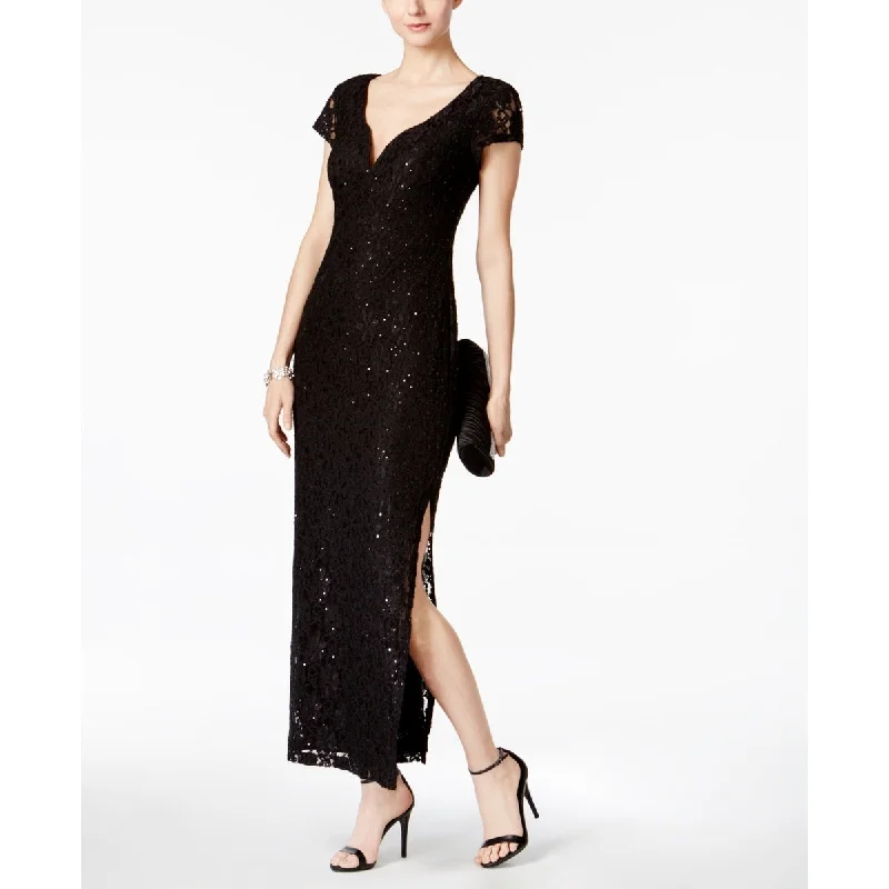 Designer Cocktail Evening Dress-Connected Women's Sequined Lace Column Gown Black Size 4