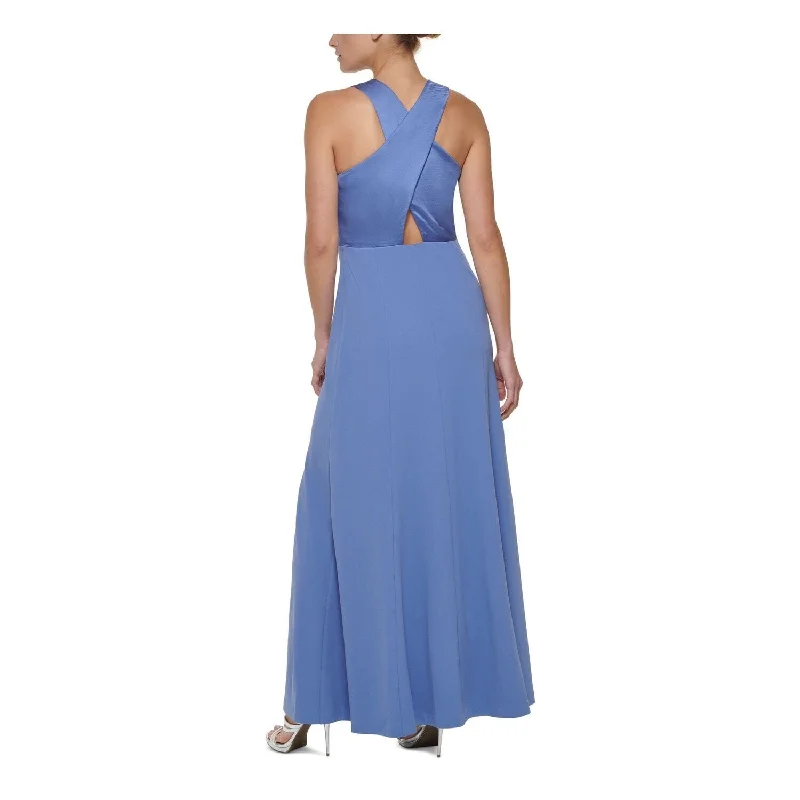 Ruffle Chiffon Evening Dress-Dkny Women's Cross Back Gown Blue Size 2