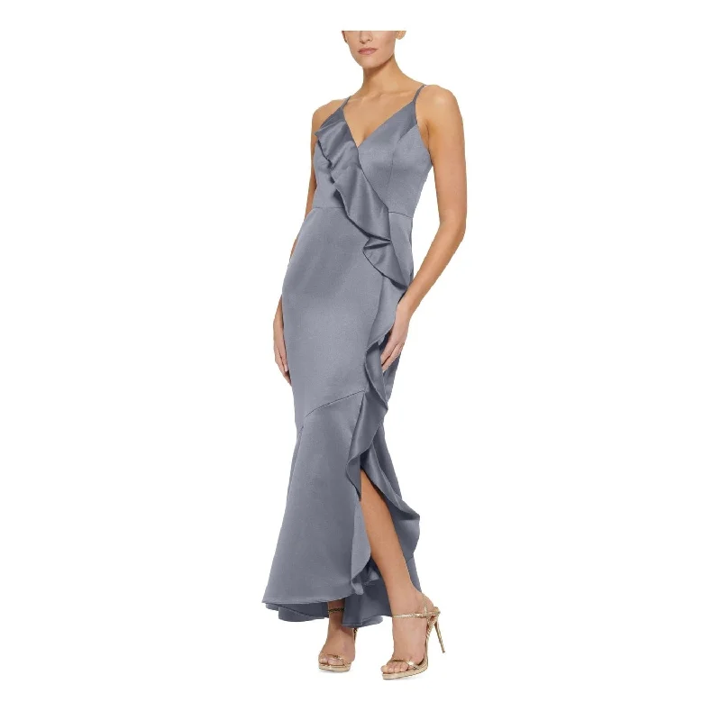 Prom Sexy Evening Dress-Dkny Women's Ruffled Satin Gown Gray Size 14