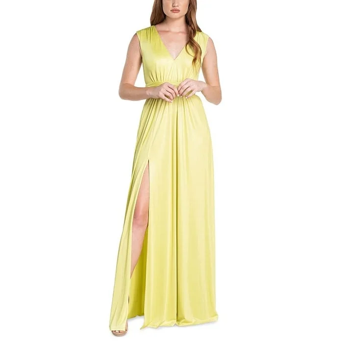 Elegant Vintage Evening Dress-Dress The Population Women's Krista Plunge Neck Side Slit Gown Yellow Size Xx-Small