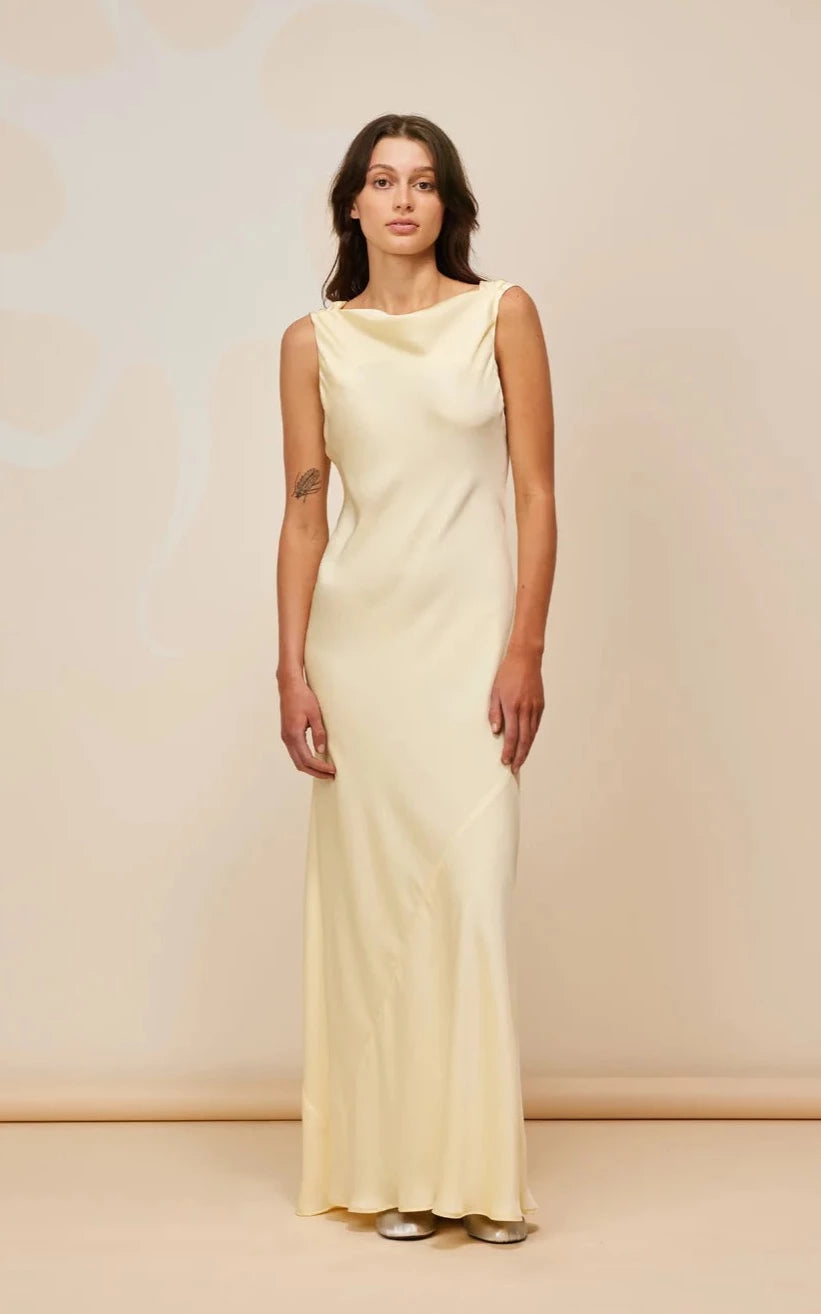 Silk Halter Evening Dress-Firebird Cowl Gown (Butter)