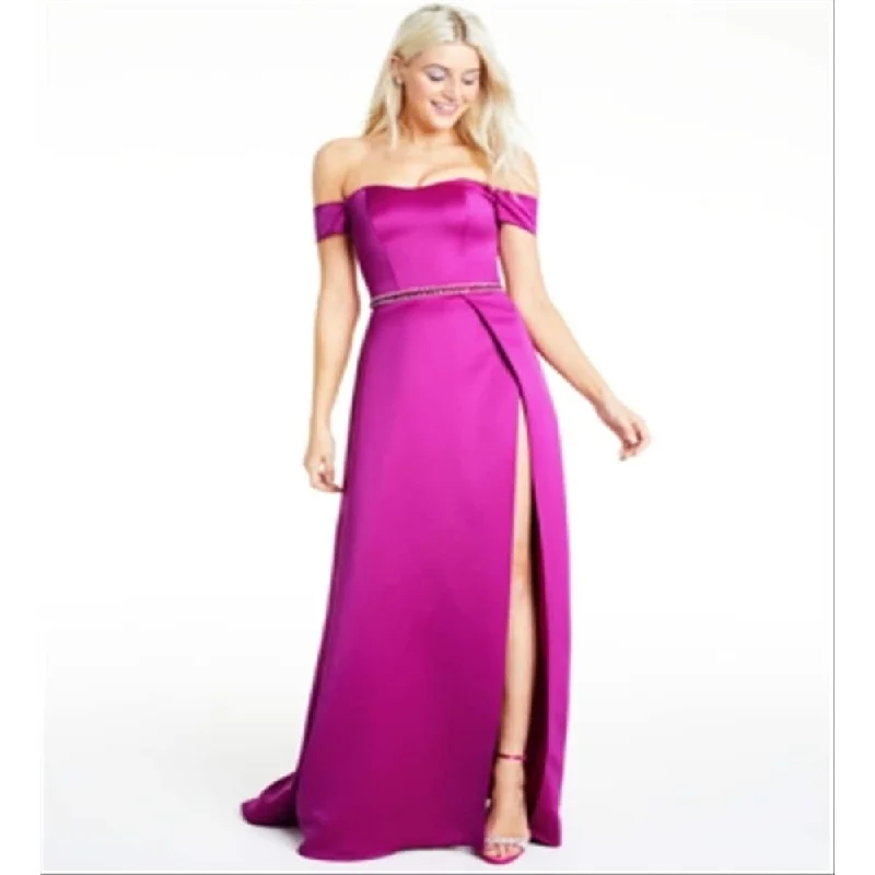 One Shoulder Evening Dress-Glamour By Terani Junior's Off The Shoulder Faux Wrap Gown Pink Size 8