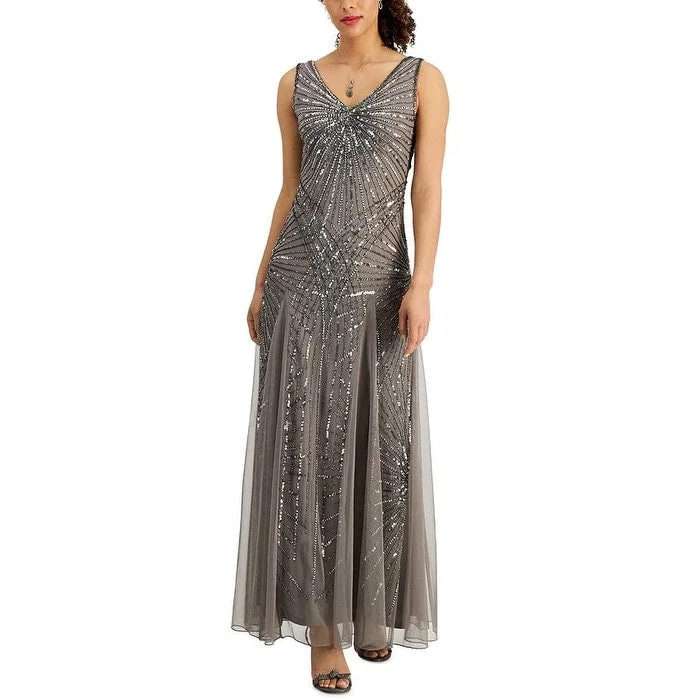 Party Red Evening Dress-J Kara Women's Beaded Sequin Embellished Gown Gray Size 10